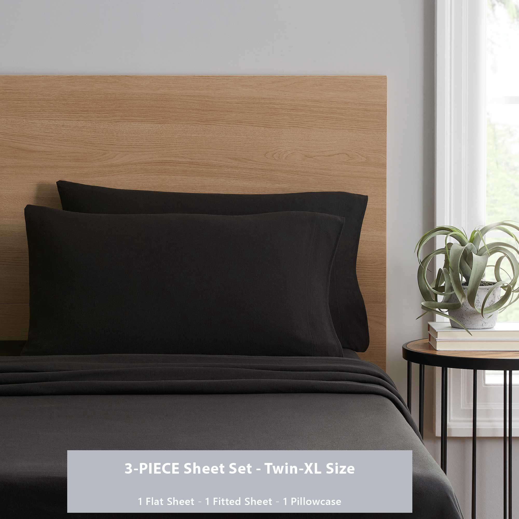 Mainstays Cotton Rich Extra Soft Jersey Bed Sheet Set, Twin-XL, Rich Black, 3 Pieces