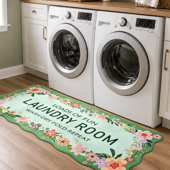 Laundry Room Rug 20x47inch Green Floral Boho Floor mat, Non Slip Washable Laundry Mat for Laundry Room Decor, Soft Cushioned Runner Rug for Farmhouse Kitchen, Mudroom, Basement