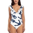 thumbnail image 2 of Goofa Navy Blue Anchor Print Women's Ruffled One Piece Swimsuit V Neck, 2 of 7
