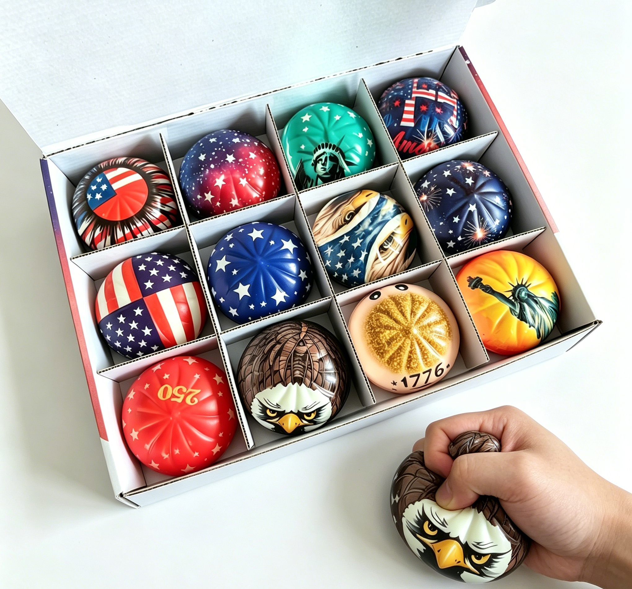 12 Pcs Liberty Dumplings 1776-2026 USA 250 Year Anniversary Dumpling Squishies, Squishy Fidget Fidget Toys for Anxiety Relief, 250 Anniversary USA Giant Glitter Dumplings Box for Adults (Muticolor)