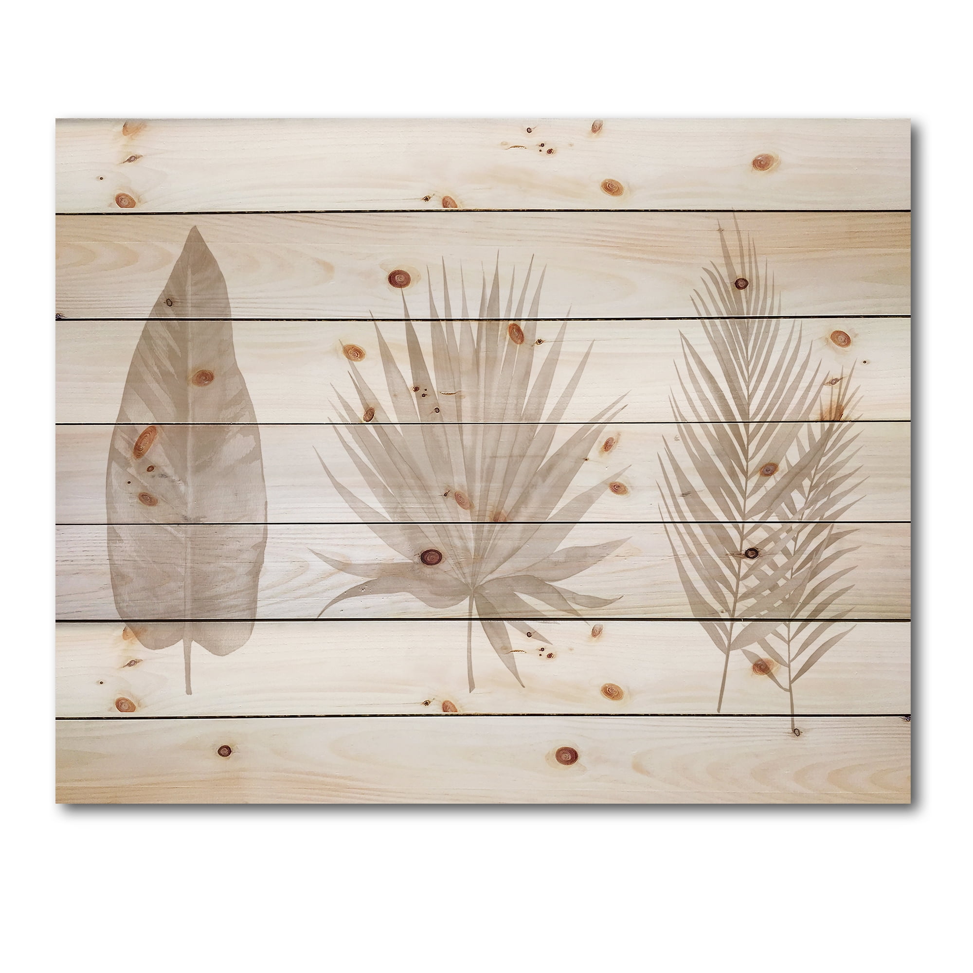 Designart 'Tropical Beiges Leaves On White' Traditional Print on Natural Pine Wood