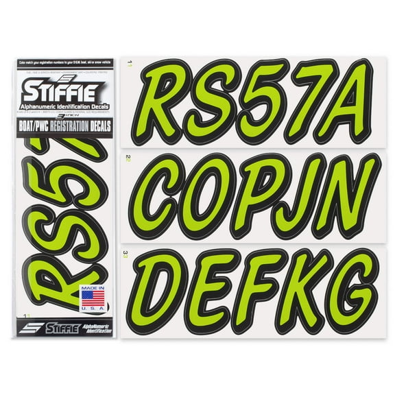 STIFFIE Whipline Solid Atomic Green/Black 3" Alpha-Numeric Registration Identification Numbers Stickers Decals for Boats & Personal Watercraft