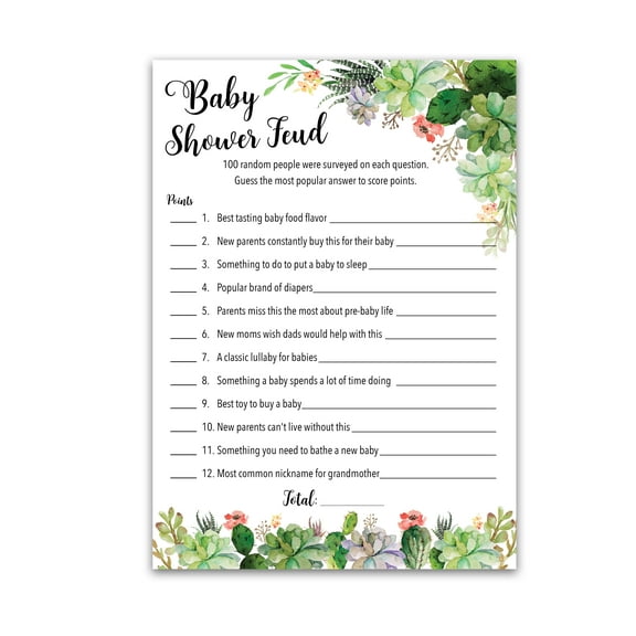 SUCCULENTS Baby Shower FEUD Game â Pack of 25 â Fun Shower Family Feud Games, Floral, Green, Succulent Trivia Baby Shower Activity, Greenery, Rustic Gender Neutral Baby Shower Fued Games G300-BSF