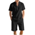 thumbnail image 3 of Men's 2 Piece Set Linen Casual Short Sleeve Button Down Shorts with Pockets | Relaxed Fit Matching Set | Breathable Lightweight Summer Outfit | Beach Vacation | Zenithor,Black L, 3 of 9