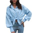 thumbnail image 4 of Oversized Button Down Shirts for Women Loose V Neck Collared Trendy Blouses Solid Color Lantern Long Sleeve Casual Tops, 4 of 7