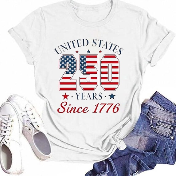FASHOFT 250 Years American Flag Shirt for Women 250th Anniversary USA T Shirt 4Th of July Shirts Tops White S