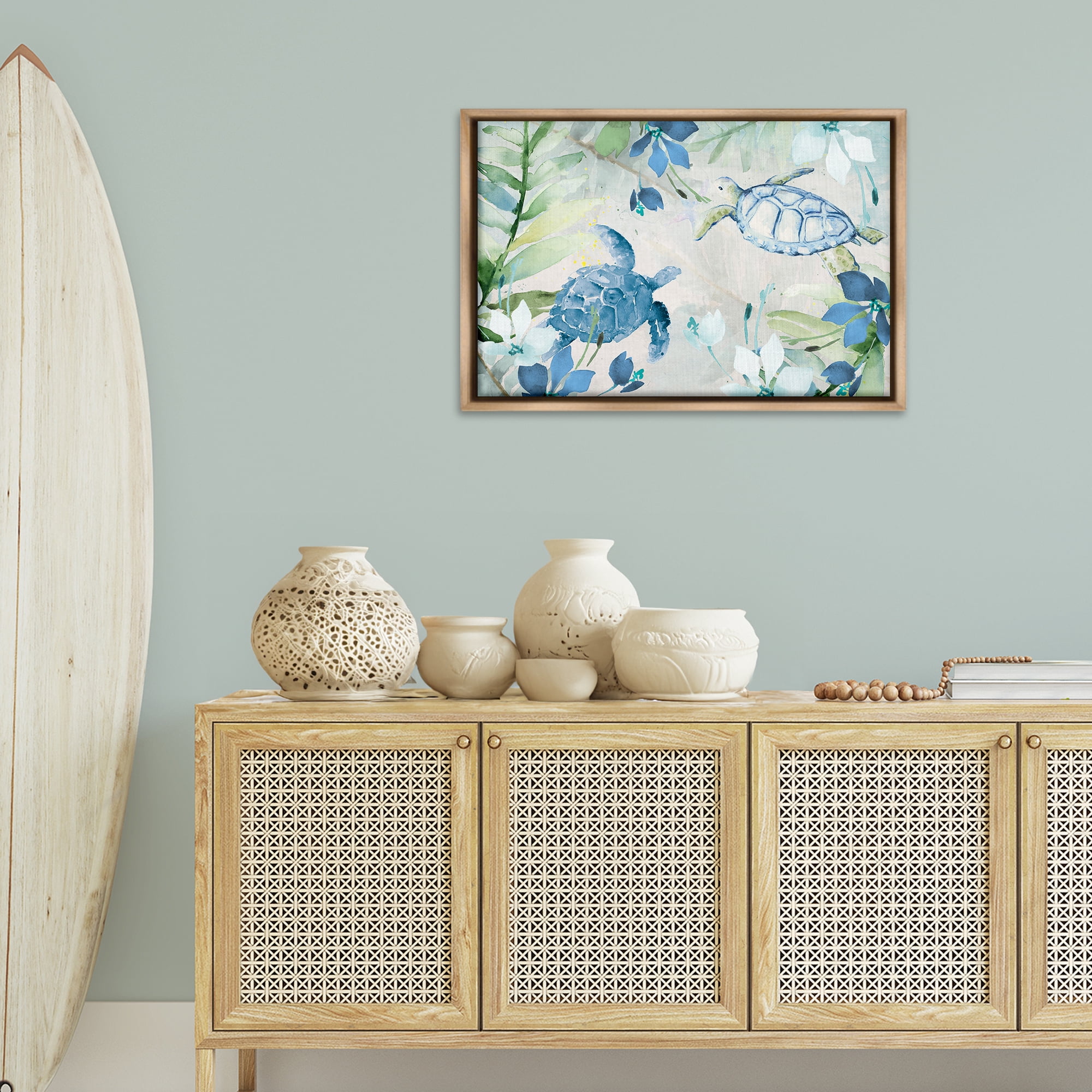 Stupell Industries Turtles Among Flowers Coastal Painting Brown Floater Framed Canvas Art Print Wall Art, 31 x 21