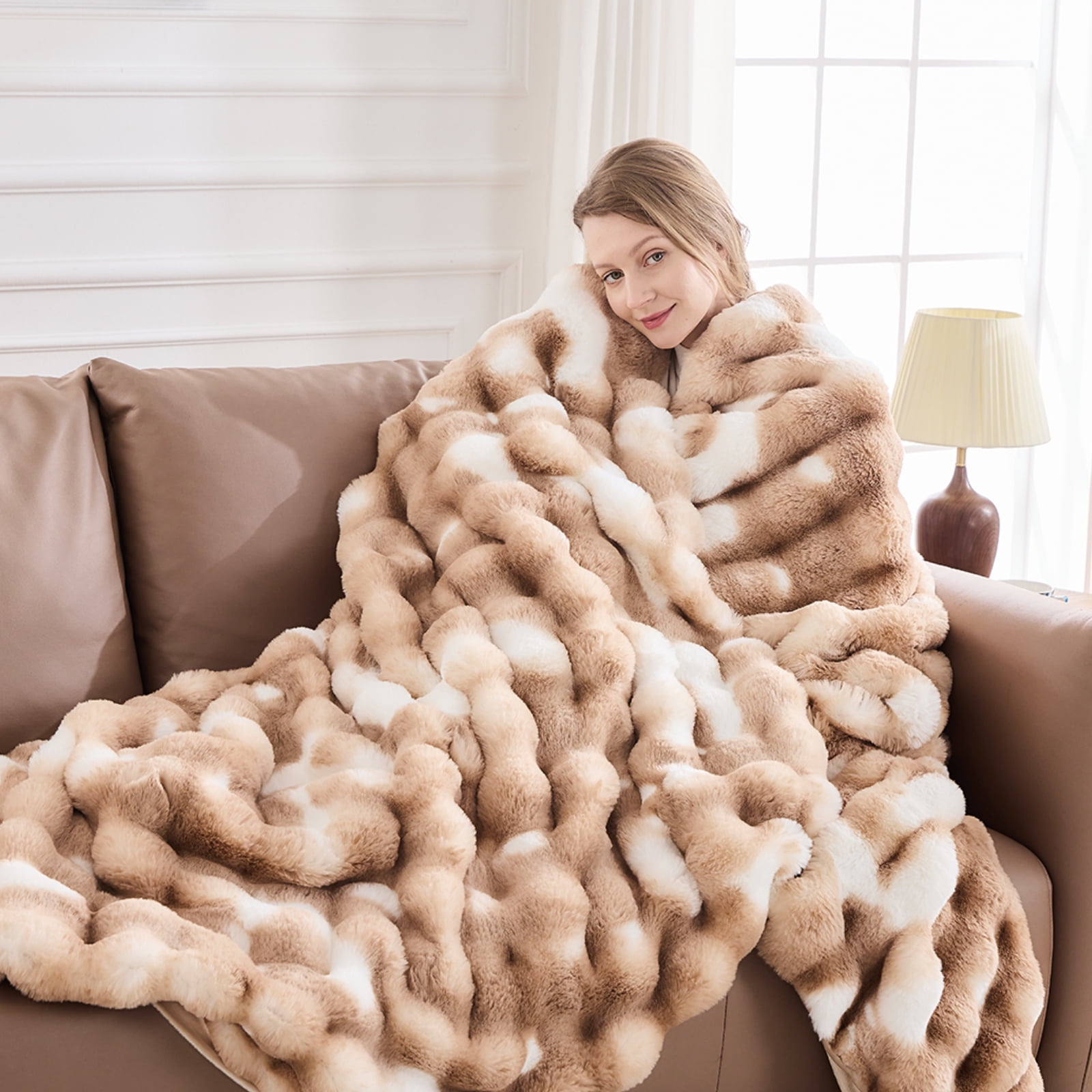 GEMBED Faux Fur Throw Blanket for Bed Fuzzy Soft Plush Thick Bubble Blanket for Living Room, 90x90 inches, Tie Dye Brown