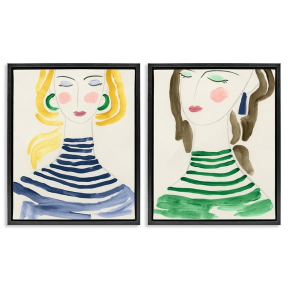 Stupell Industries Stylish Ladies in Stripes People Painting Black Floater Framed Canvas Art Print Wall Art, 17 x 21, Set of 2
