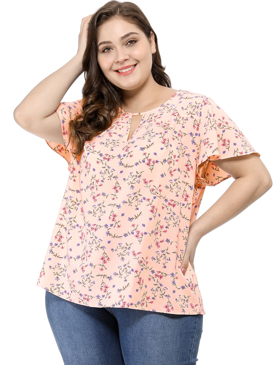 DARING DIVA Women's Plus Ruffle Short Sleeve Keyhole Chiffon Blouse L Pink