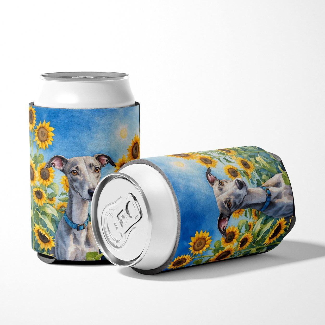 Whippet in Sunflowers Can or Bottle Hugger 3 in x 5 in