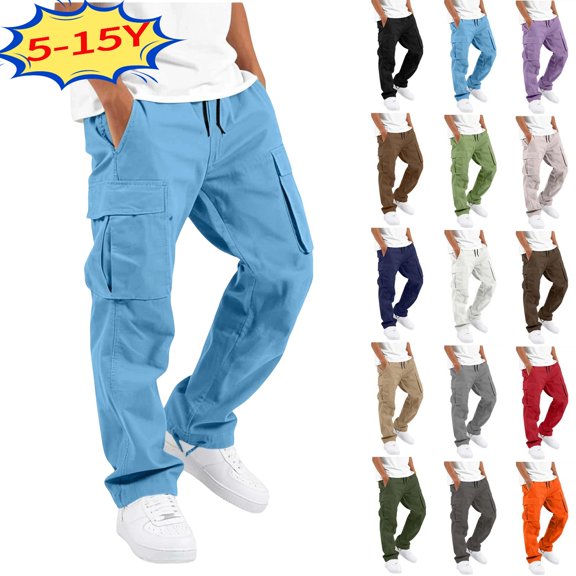Boys Uniform Cargo Pants Cotton Baggy Chino Pants Joggers, Teen Back to School Trousers,Straight Leg Hiking Pants with Pockets,Elastic Waist Casual Sports Workwear for Kids 5-15 Years