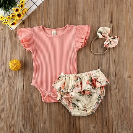 

Newborn Baby Girl Romper Top Print Shorts Pants Headband Outfits Clothes Set 0-18M