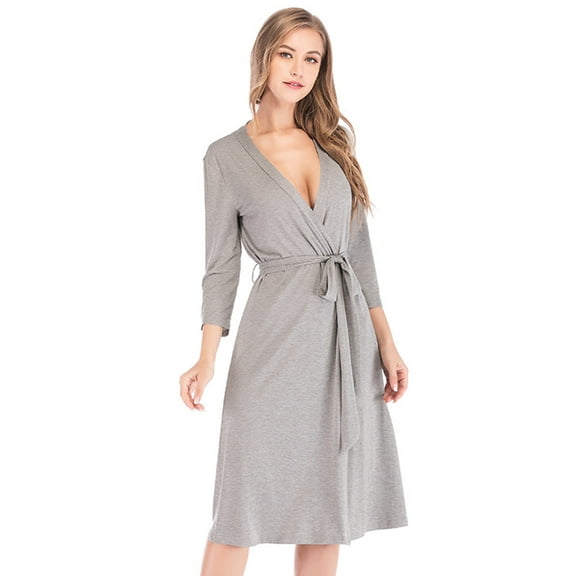 Women's Kimono Resort Spa Robe,Knee Length V Neck Bathrobe Shower Gown with Belt 3/4 Sleeve Lightweight Short Soft Cotton Sleepwear Loungewear This Robe,S-2XL Gray