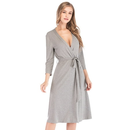 

Women Robe Soft Kimono Robes Knee Length Lightweight Lounge Bathrobe and House Robe with 3/4 Sleeve Short Sleepwear Ladies Loungewear S-XXL Gray