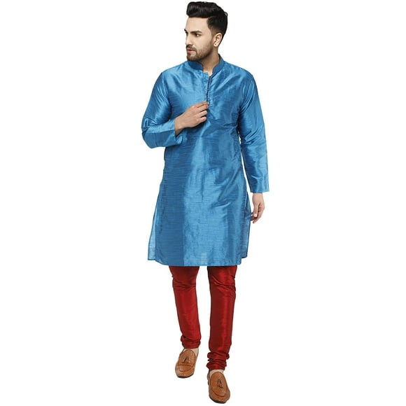 SKAVIJ Men's Kurta Pajama Set Art Silk Indian Wedding Party Dress Turquoise L