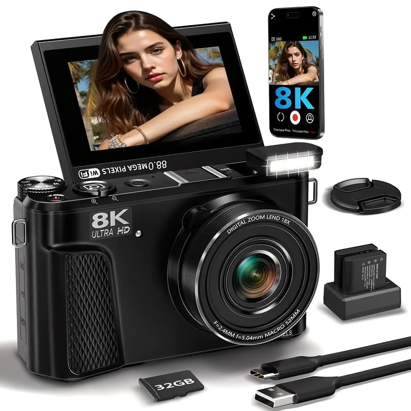 8K Digital Camera 88MP with 3" 180° Flip Screen, 18x Zoom, Autofocus, Lens Cover, Optional 32GB Card, Dark Gray