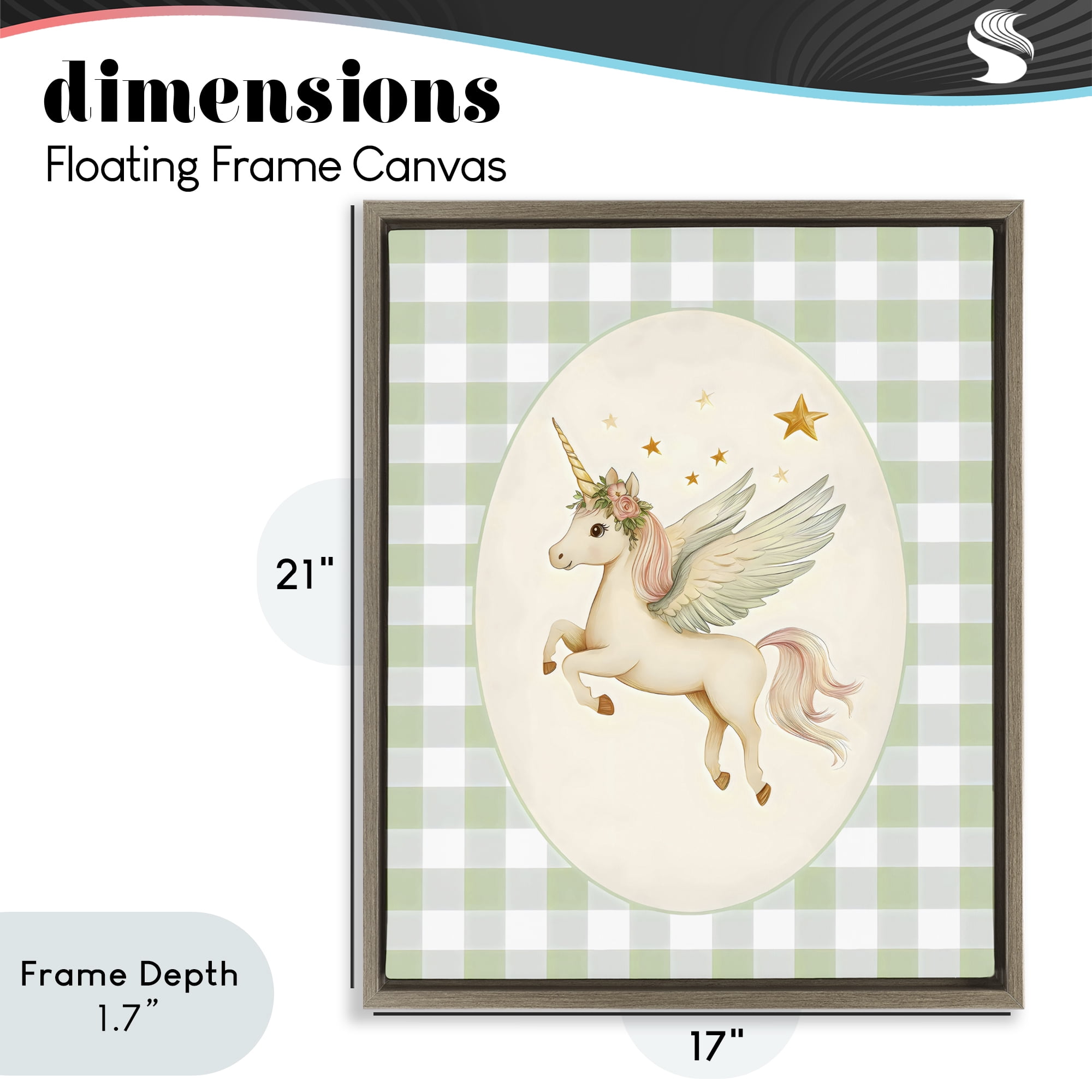 Stupell Industries Winged Unicorn over Green Gingham Brown Framed Floater Canvas Wall Art, design by Arlington Prints