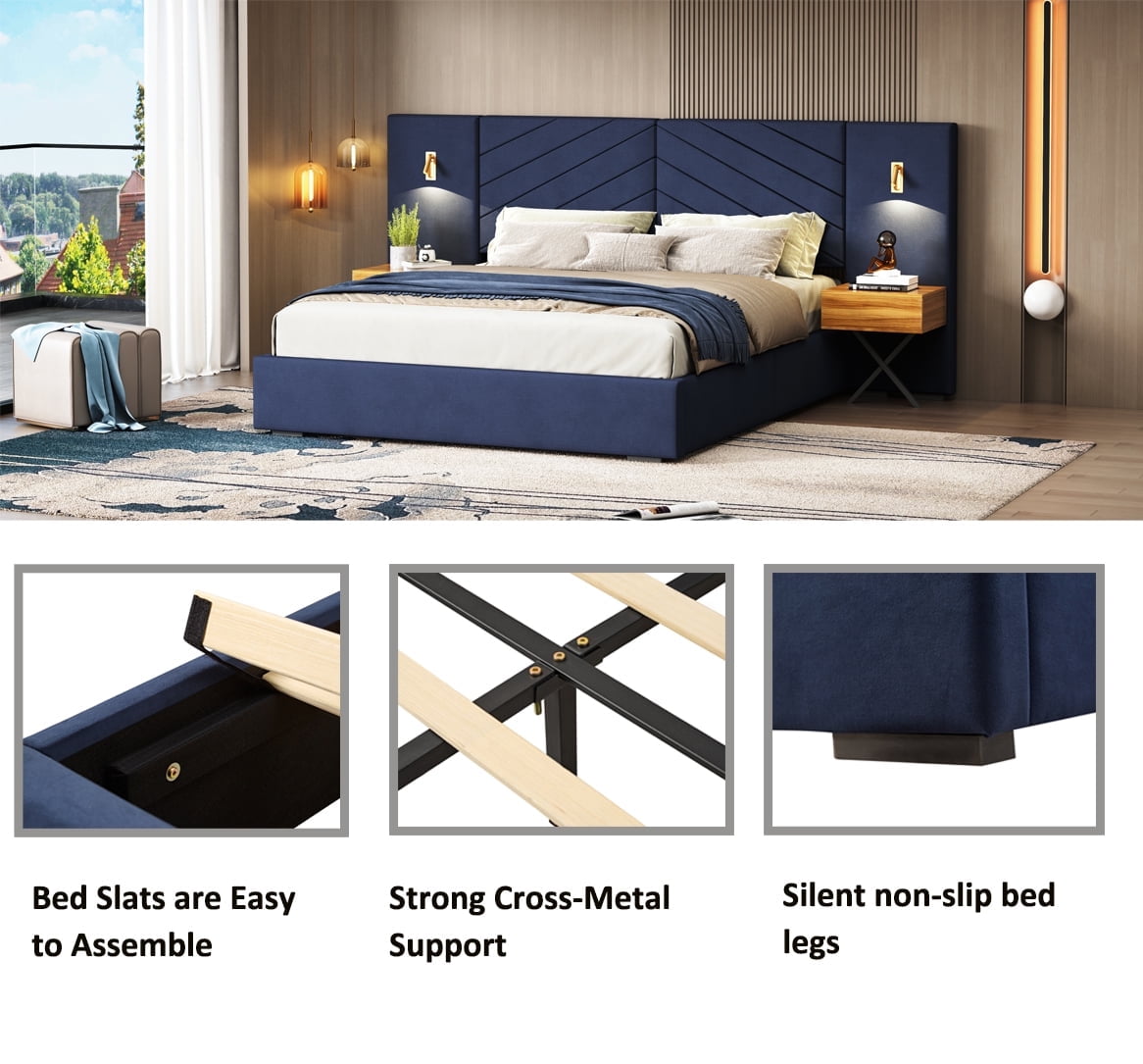 Aukfa Queen Size Upholstered Bed Frame with Nightstands and LED Lights, Platform Bed with Oversize Wingback Headboard, Blue