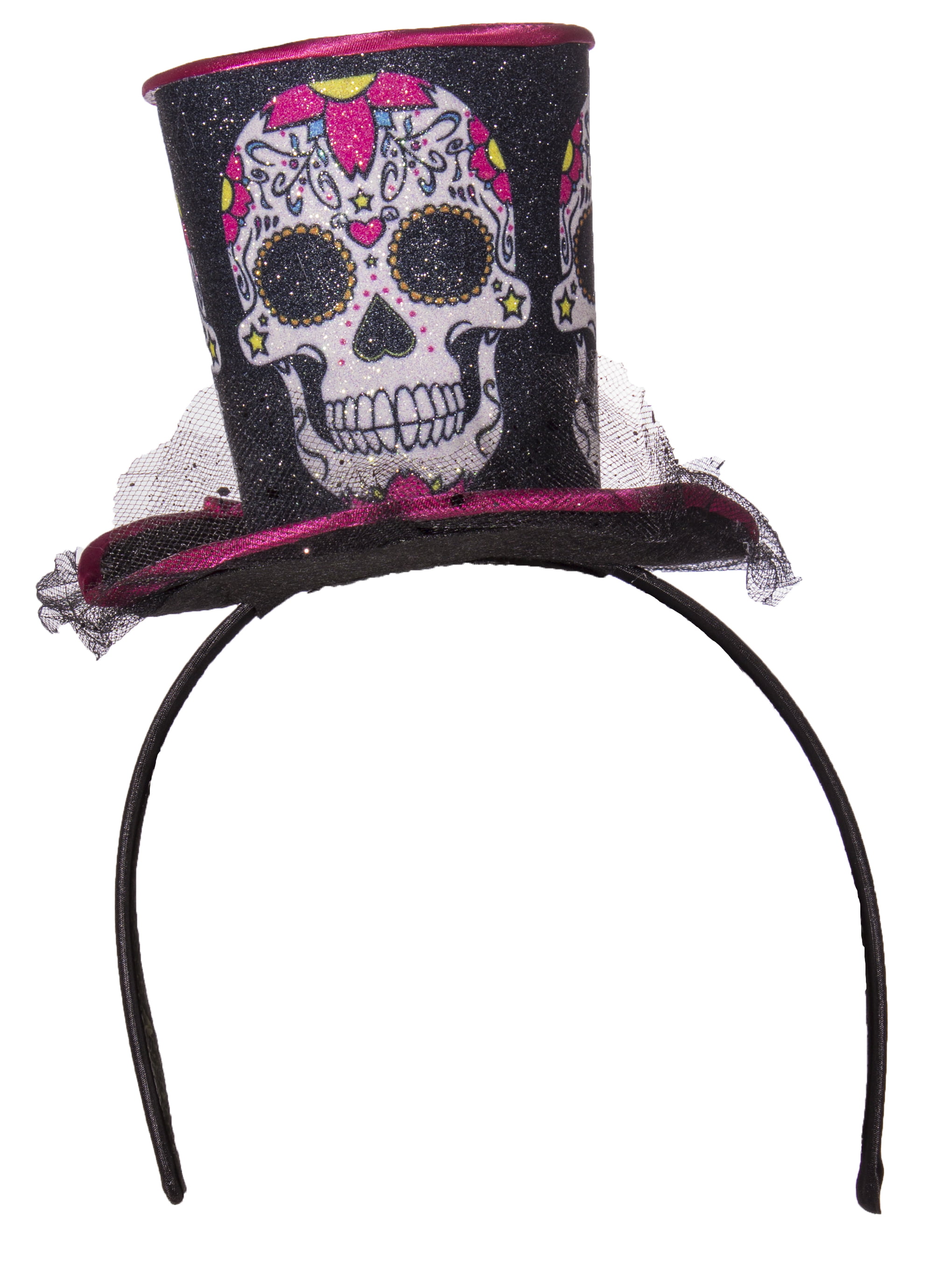Day Of The Dead Top Hat Headband w/ Sparkles and Lace Costume Accessory 
