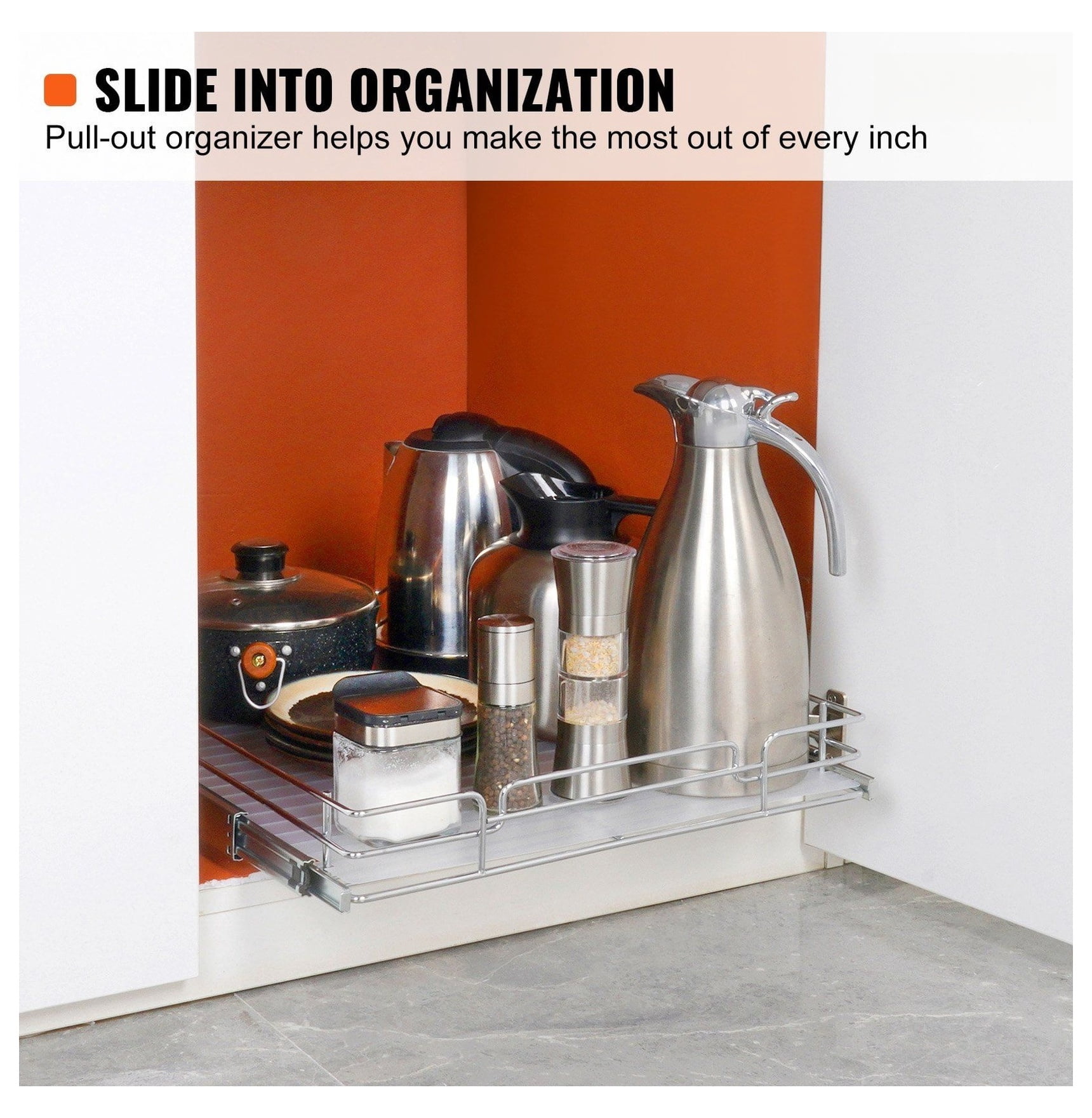 Pull Out Cabinet Organizer 14"W x 21"D, Slide Out Pantry Shelves, Chrome Steel Roll Out Drawers, Kitchen Cabinet Storage, Under Sink Organizer