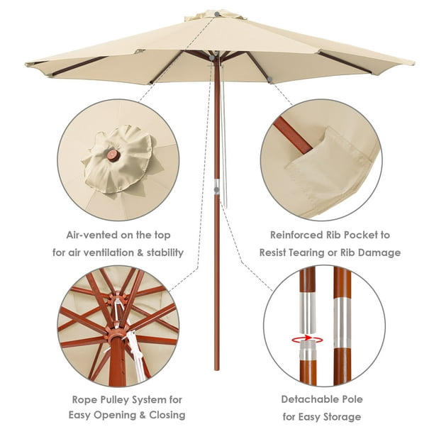 Yescom 9 Ft Wooden Patio Umbrella 8 Ribs Table Parasol Rope Pulley Outdoor  Garden Yard