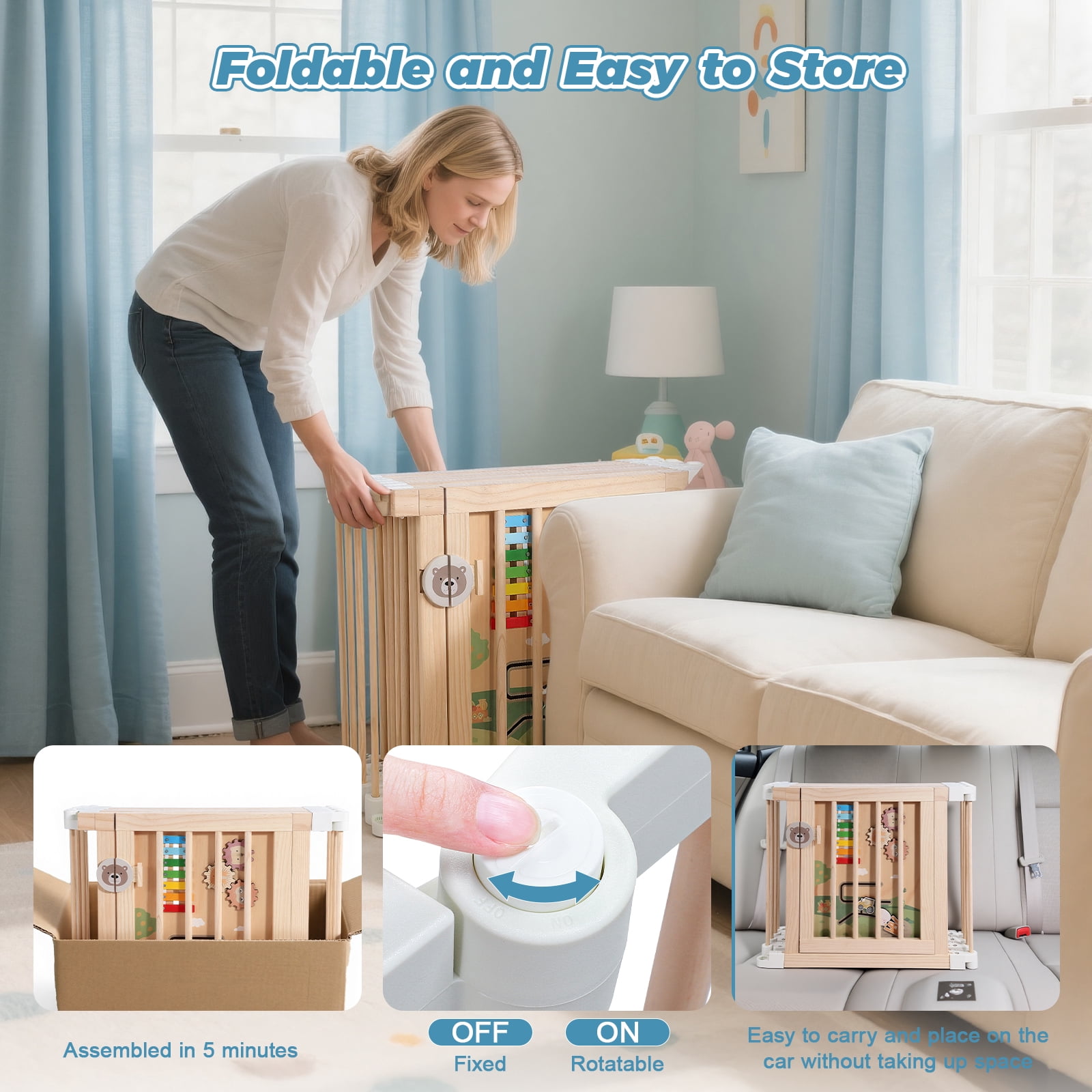 Wooden Baby Playpen with Mat, Activity Center with Gate and 2 Busy Board, Thickened Wood Adjustable Play Yard