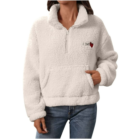 Womens Half Zip Sherpa Sweaters with Pocket Heart Printed Fuzzy Fleece Long Sleeve Crop Sweatshirt Pullover Tops (XL, White)