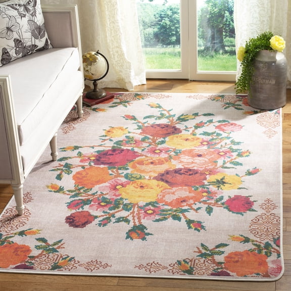 Safavieh Daytona Parker Floral Polyester Machine Washable Area Rug, Cream/Orange, 5'1" x 7'6"