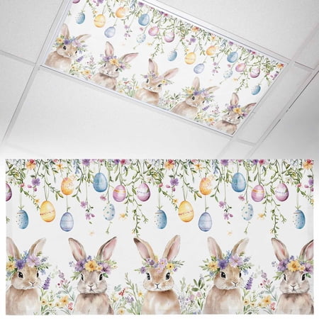 1 Pack Magnetic Fluorescent Light Covers 2x4 Ft Easter Wreath Rabbits Vintage Colorful Eggs Spring Floral Leaf Magnetic Light Covers for Ceiling Lights Classroom Office Home Decor
