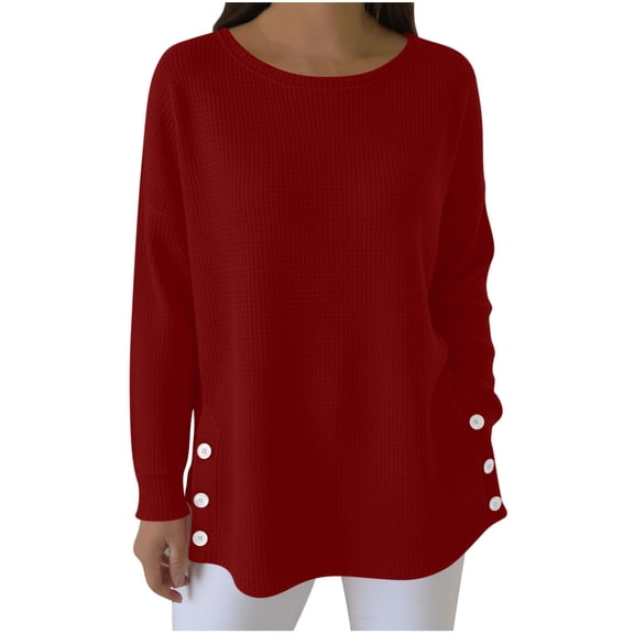 Giftesty Women's Solid Color Crew Neck Long Sleeve Waffle Knit Button Side Split Loose Pullover Top for Daily Wear