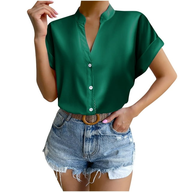 RYRJJ Silk Button Down Shirts for Women Satin Short Sleeve V Neck Casual Work Office Blouse Tunic Tops Summer Fashion Clothes(Green,S)
