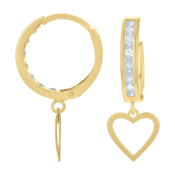10kt Real Yellow Gold Womens Cubic-Zirconia Heart Dangle Hoop Earrings