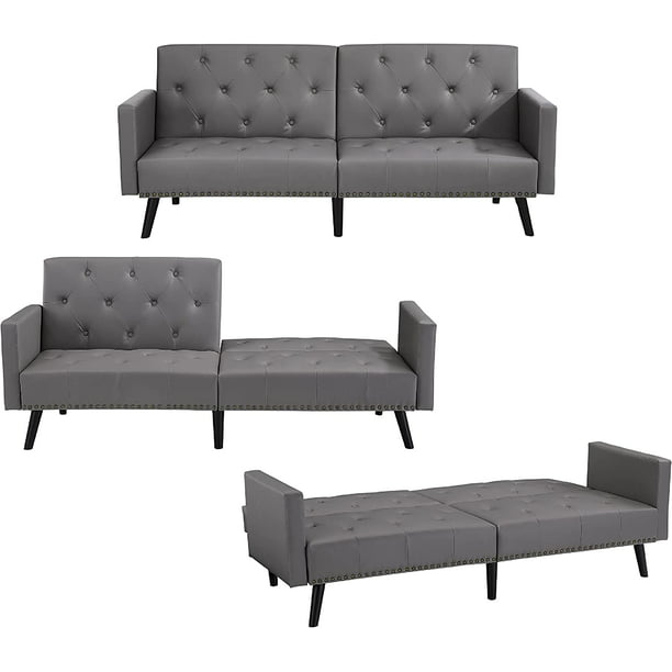 Jolene Tufted Split Back Futon, Mid Century Modern Convertible Sofa Bed for Small Rooms, Faux Leather Couch with Elegant Design, Perfect for Your Modern Room or Guest Room - Faux