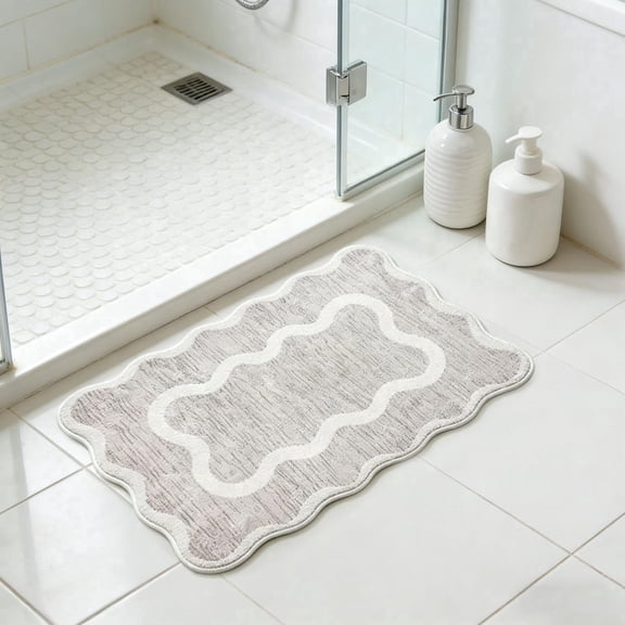 Kanolson Cute White Scalloped Bathroom Rugs Mat,Non Slip Absorbent Quick Dry Bath Mats for Shower Room,Microfiber Bath Mats for Bathroom Floor Washable Carpet for Shower Tub Sink Bedroom