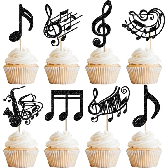 Glitter Music Note Cupcake Toppers, Black, Musical Symbol Picks, 12 Count, for Birthday and Concert Party Decorations