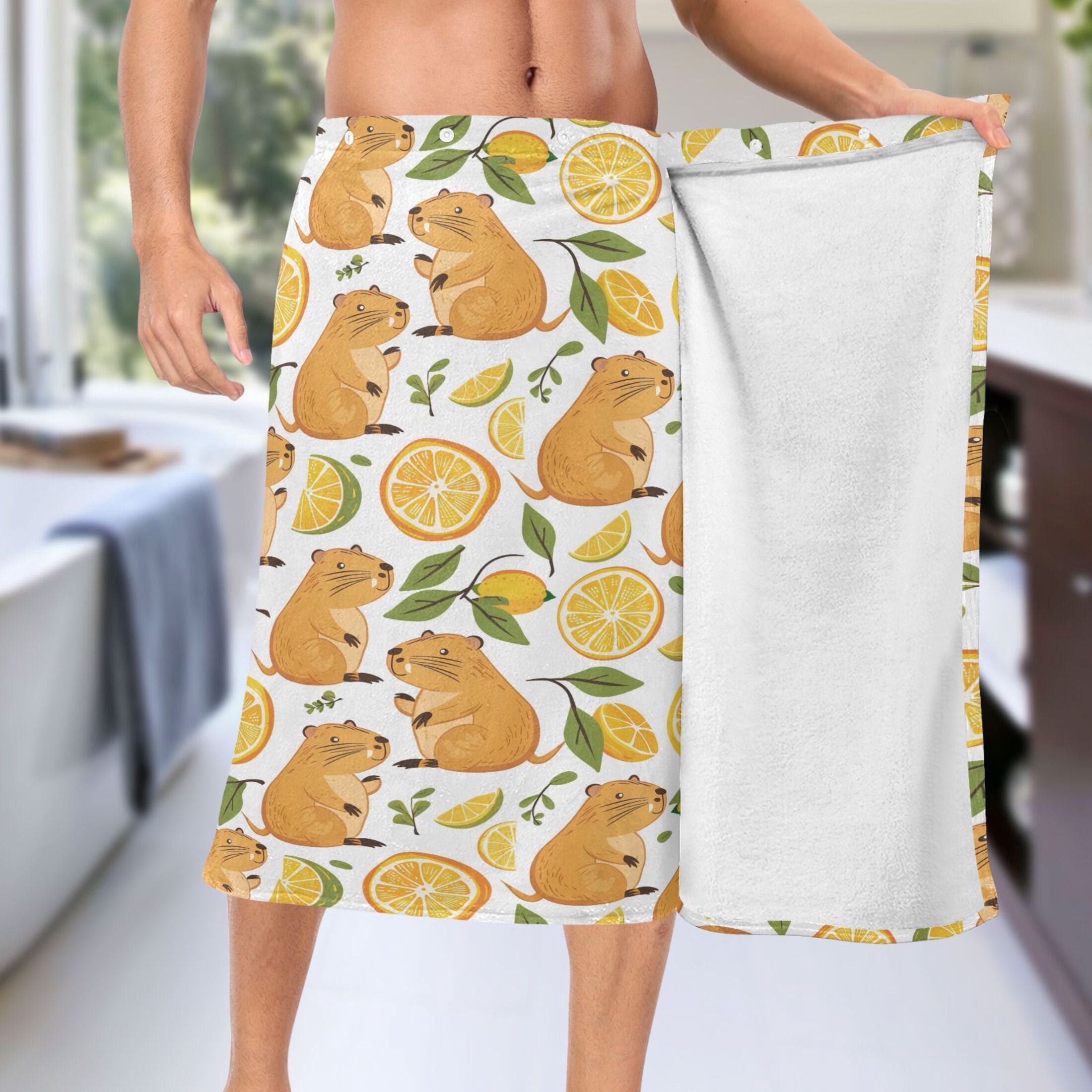 Mens Shower Wrap Adjustable Bath Wrap Towel Body Towels for Gym Shower Sauna Spa Funny Baby Capybaras and Orange 60x28
