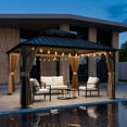 thumbnail image 3 of COOS BAY 12x14 Hardtop Gazebo with Aluminum Frame, Galvanized Steel Double Roof Outdoor Pavilion with Netting and Curtains, Dark Brown/Tan, 3 of 9