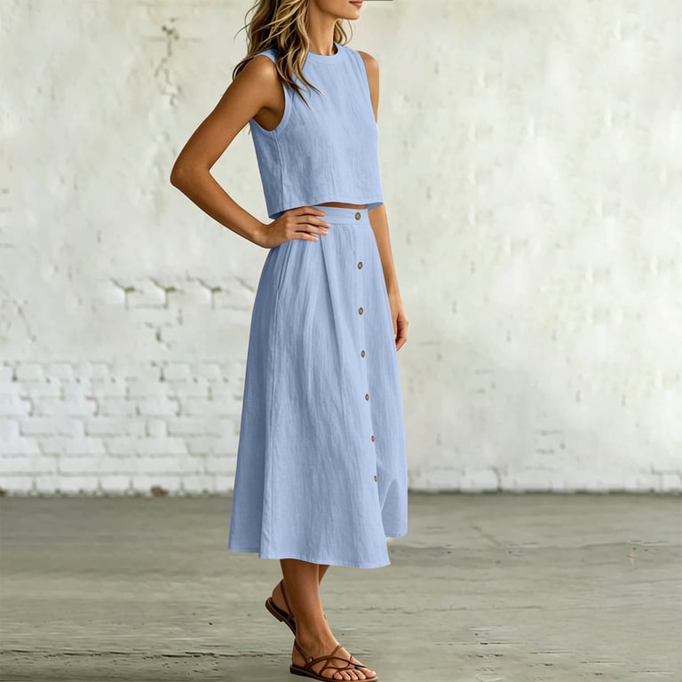 classic cotton dresses YuXingFu for Summer Mid-Length Crew Neck Plus Size Womens Dress Sleeveless Bohemian Style Casual Summer Army Green S Ocean Blue Sequin Embellished sale-20250407 These styles are intentionally Size:3 Y simple cotton maxi dress