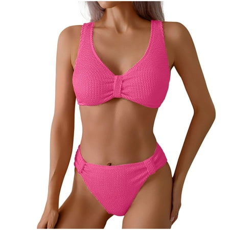 2025 Women s Twist Front Bathing Suit Textured High Waisted Summer Swimsuit Bikini Set Solid Color Cheeky Swimwear