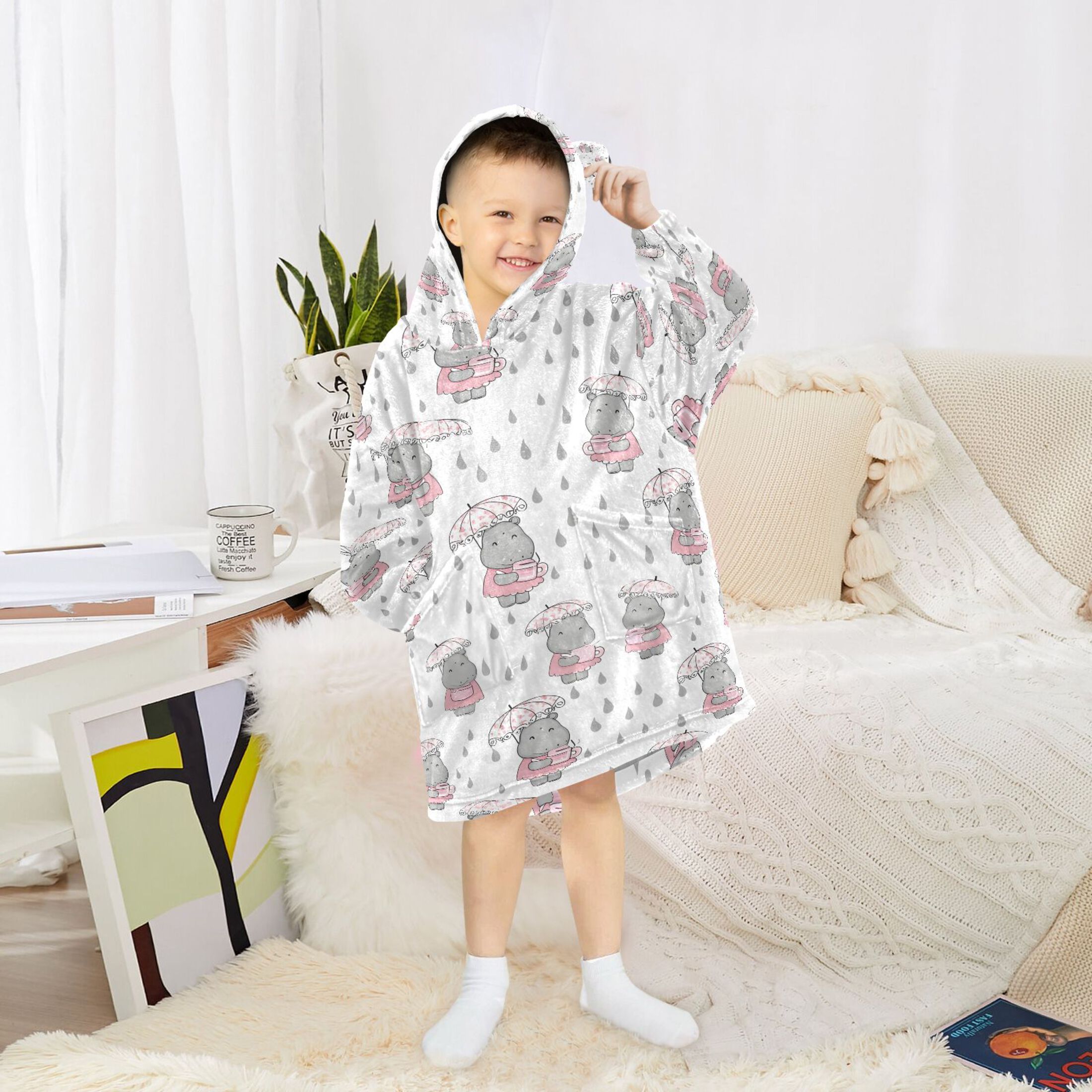 joogoo Blanket Hoodie for Cartoon Hippo in Rain Oversize Sweatshirt 3-14 YR L