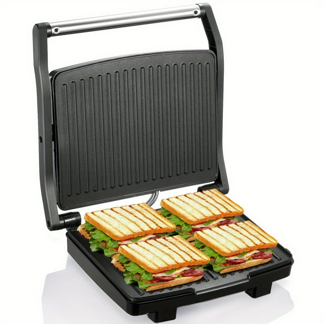 Panini Press Grill, Gourmet Sandwich Maker, Electric Indoor Grill with Non-Stick Cooking Plate And Removable Drip Tray, Easy to Clean, Stainless Steel