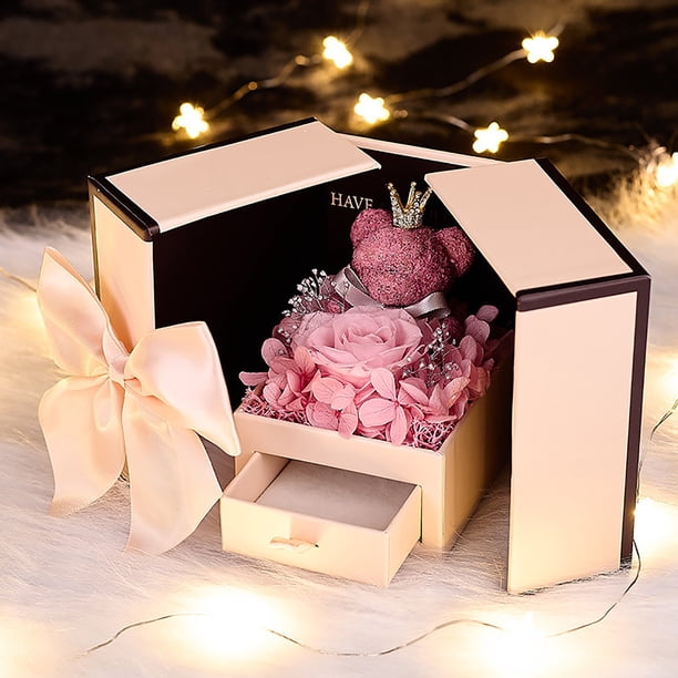 Fiudx Caja de Regalo de Rosa Eterna, Exquisito Diseño de Doble Puerta, Flor Brillante y Duradera, Almacenamiento Multifuncional de Joyas, Regalo de San Valentín, Elegante Decoración Del Hogar, con Ca