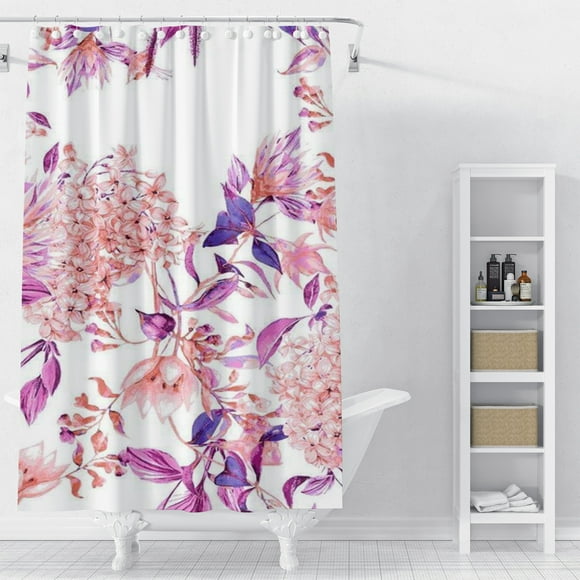 Watercolor Floral Shower Curtain,Pink Flowers Purple Leaves Printed Bathtub Showers Waterproof Polyester Design Decorative Bathroom with 12 Hooks 72*72"