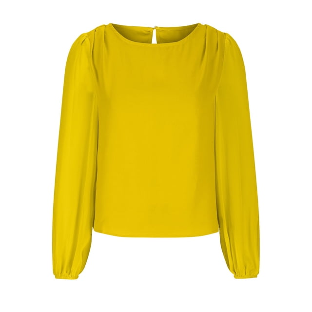 Timegard Womens Tops Chiffon Puff Long Sleeve Crewneck Ruched Back Button Tee Shirts Casual Loose Tops