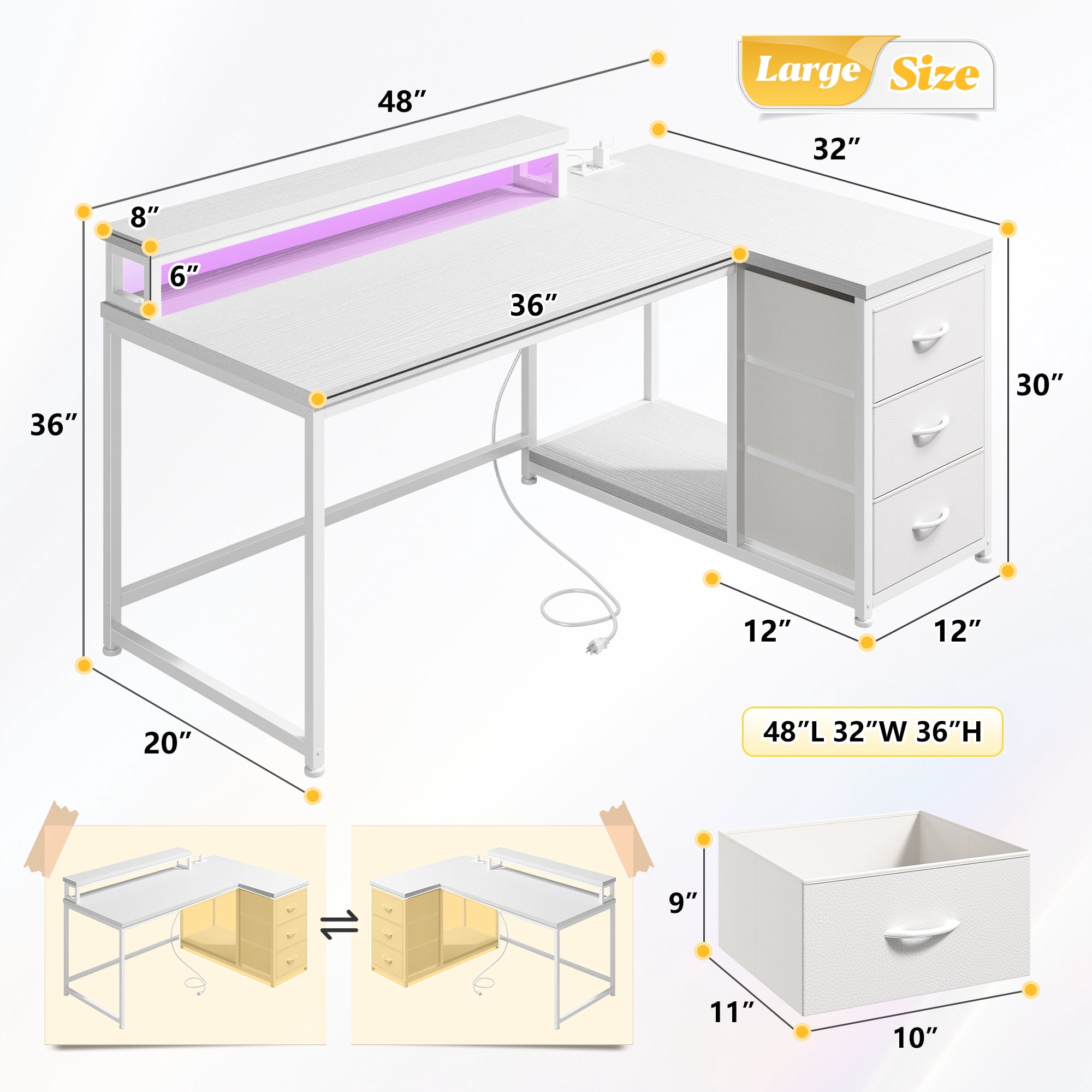 Romorgniz Computer Desk White Desk With Drawers l Shaped Desk with Monitor Stand Gaming Desk with LED Lights & Power Outlet for Gaming Room,Home Office,Bedroom,48"L x 32"W x 36"H
