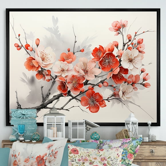 Designart Asian art Oversized framed wall art decor, Asian Art framed wall Art, Pansies Flowers Asian Painting I , Coral Global black framed wall art, 20x12 inches black frame
