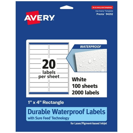 UPC: 0072782365530 | Avery Durable Waterproof Rectangle Labels with Sure Feed  1  x 4   2 000 Oil and Tear-Resistant Labels  Laser/Pigment-Based Inkjet Printable Labels (36553)