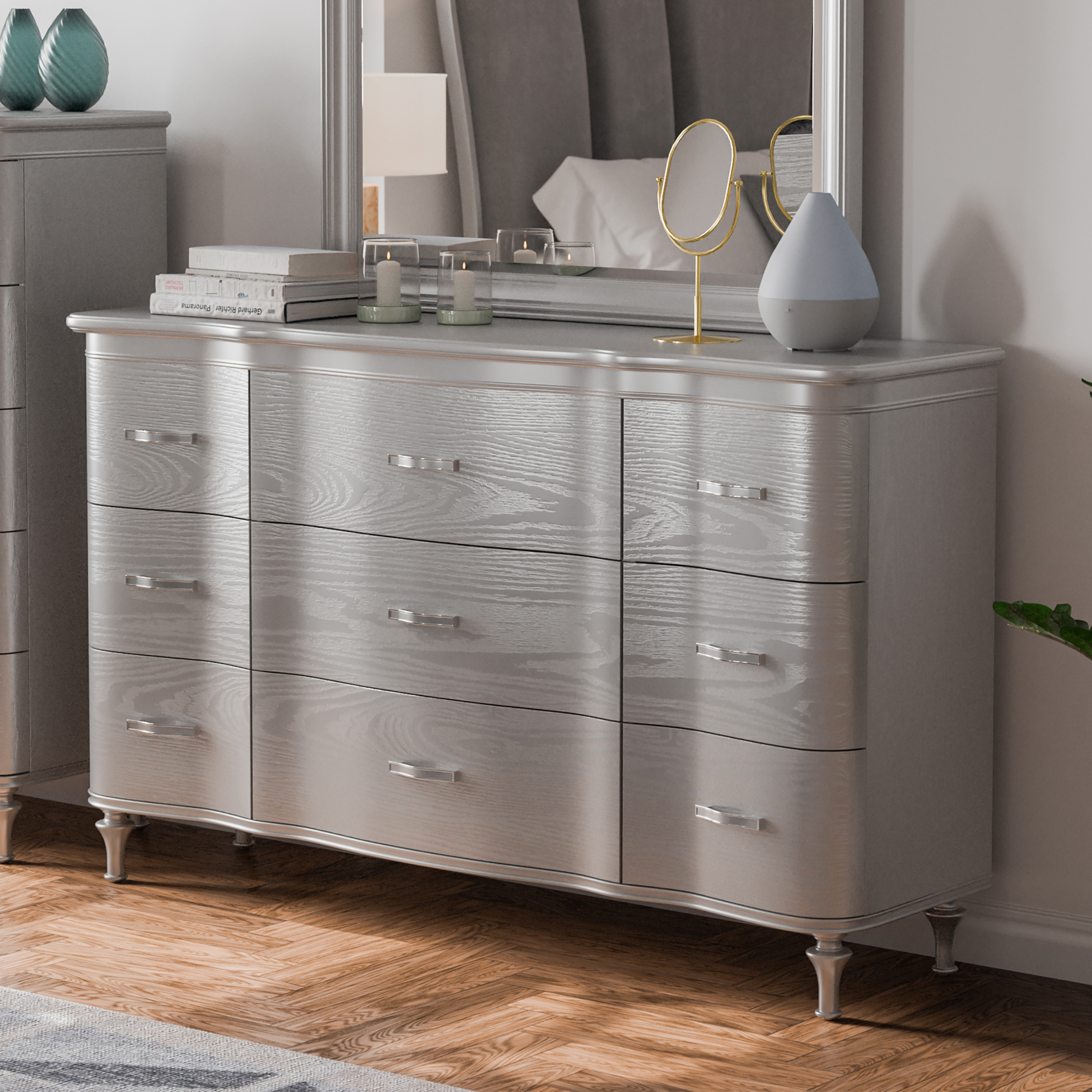 Furniture of America Seabliss Glam 9-Drawer Dresser, Silver