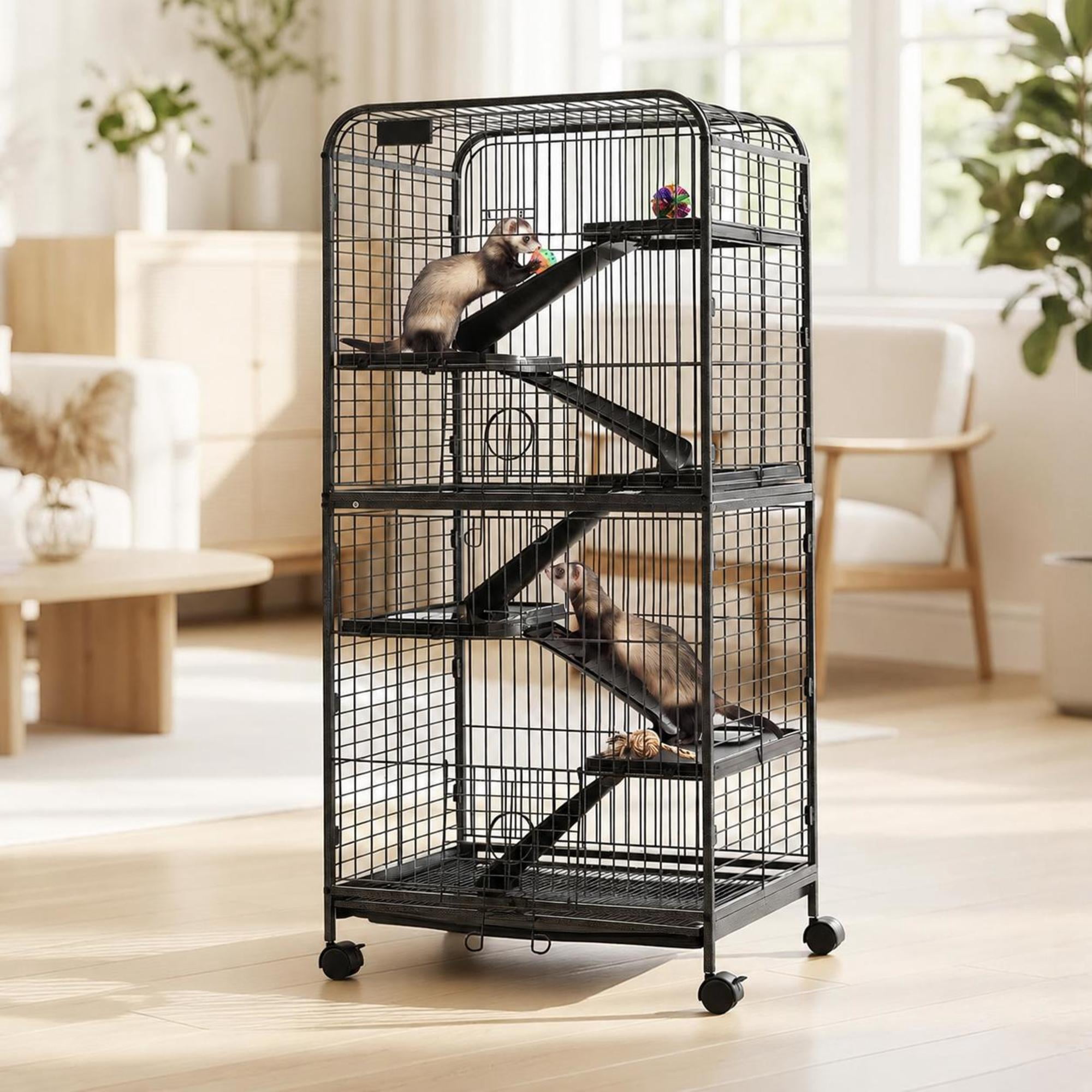 6-Tier Metal Small Animal Cage with Rolling Wheels, Textured Ramps and Removable Tray for Ferrets, Chinchillas and Rabbits, 52.4-Inch Height